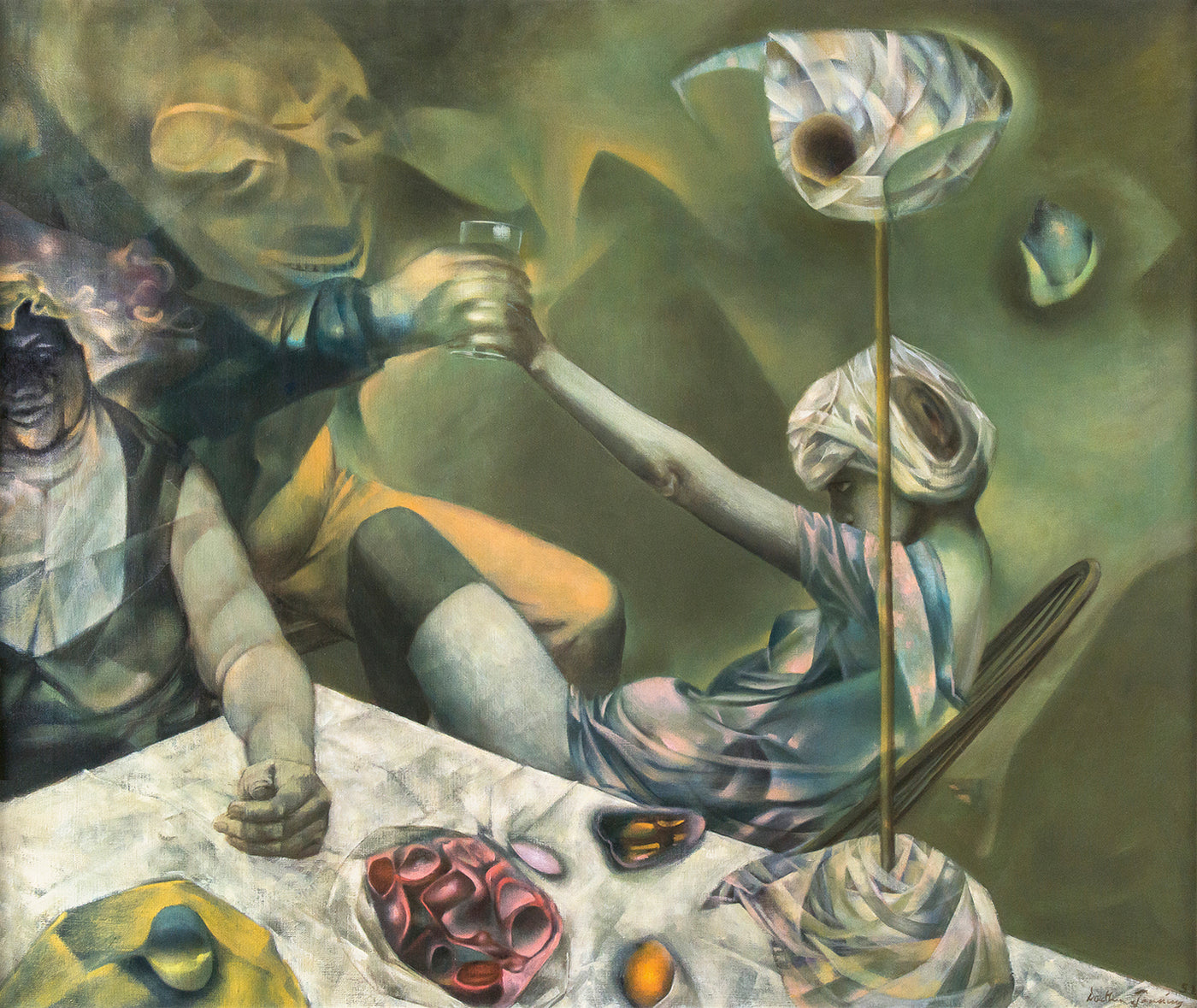 surreal painting of woman and two unknown figures at table with flowers and drinks.