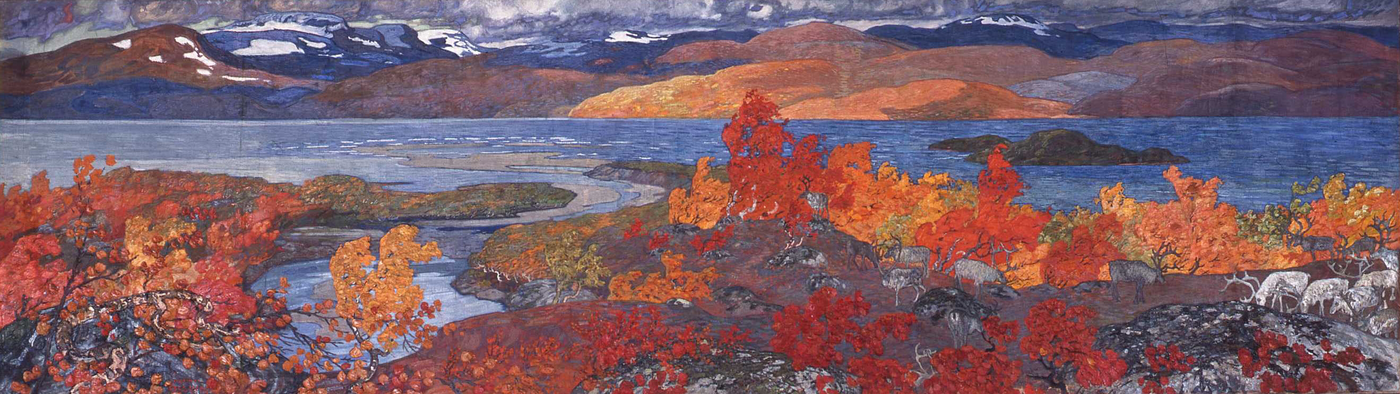 painting of autumnal northern landscape with mountains, lake, snow, trees, and grazing reindeer.