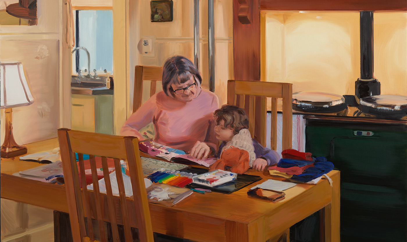 Painting of older woman (probably grandmother) and young child, with books and stationery at a kitchen table. 